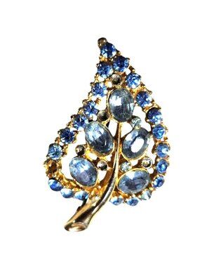 Leaf Brooch Vtg Gold Tone Blue Rhinestones feather nature womens jewelry READ